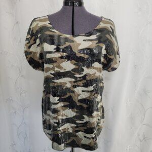 Short Sleeve Camo Shirt with Clear Sequins
